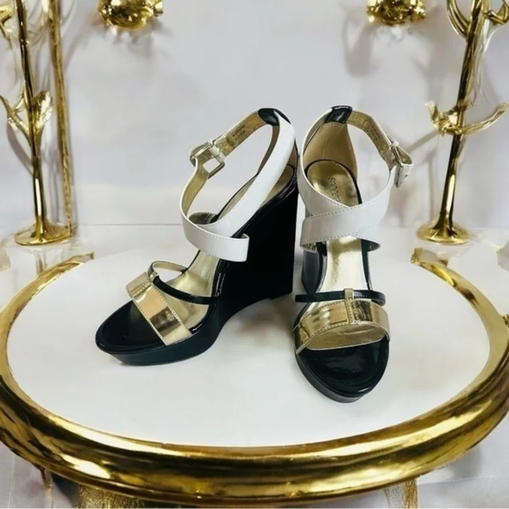 SHOEDAZZLE MORGANA Black Gold White Open Toe Platform Wedge Sandals Size 8